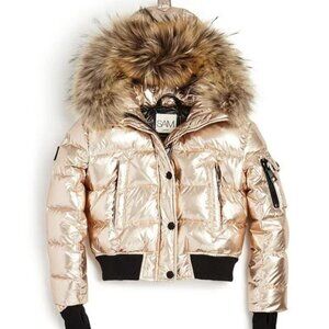 SAM. New York Metallic Gold Down Bomber Jacket Fur Hood 8